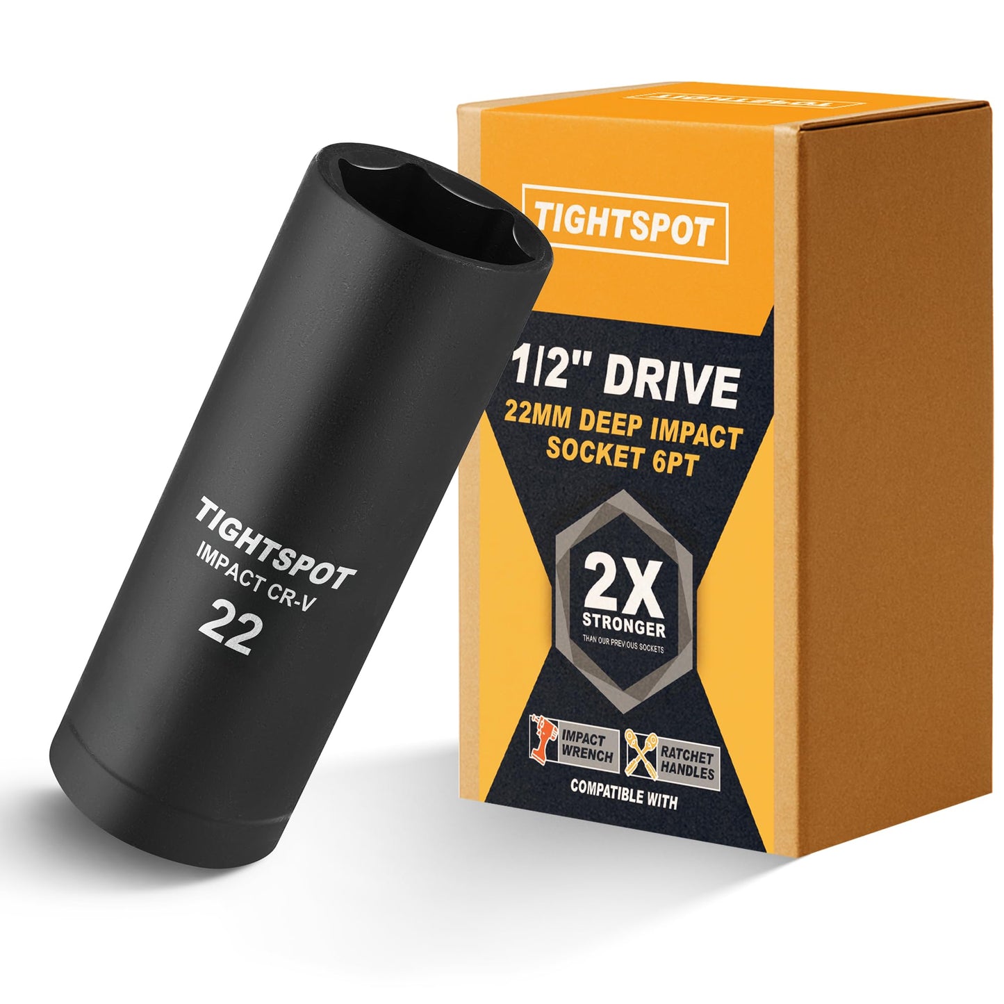 TIGHTSPOT 1/2 Inch Drive 22 mm Deep Impact Socket with Anti-Rounding 6 Point Design, Heat-Treated CRV Steel