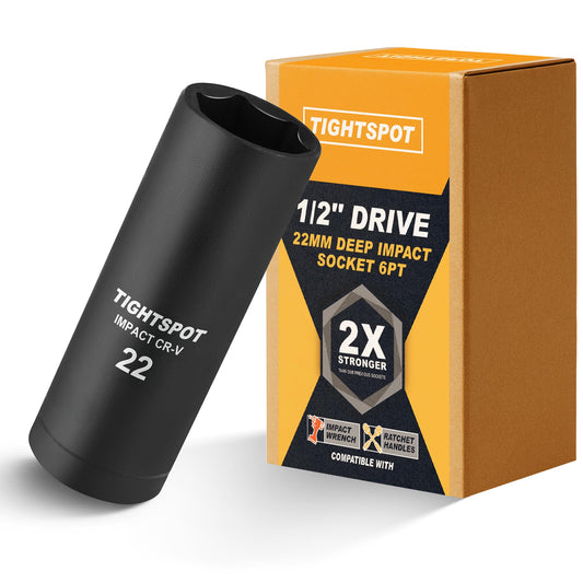 TIGHTSPOT 1/2 Inch Drive 22 mm Deep Impact Socket with Anti-Rounding 6 Point Design, Heat-Treated CRV Steel