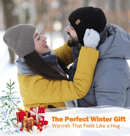 Wmcaps Fleece Lined Winter Beanie with Earflap for Men Women - Windproof Thermal Knit Hat for Cold Weather Black