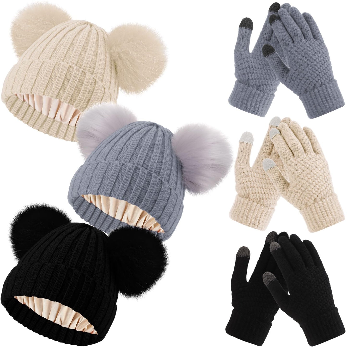Hicarer 3 Sets Women Winter Warm Set Satin Lined Beanie Hat with Two Pom Poms Touchscreen Gloves for Cold Weather (Black, Gray, Oatmeal)