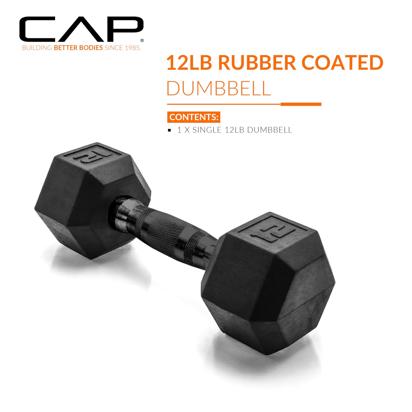 CAP 12 LB Rubber Coated Hex Dumbbell Weight, Rubber Free Weights for Home Gym Strength Training, Black Oxide Handle, Single