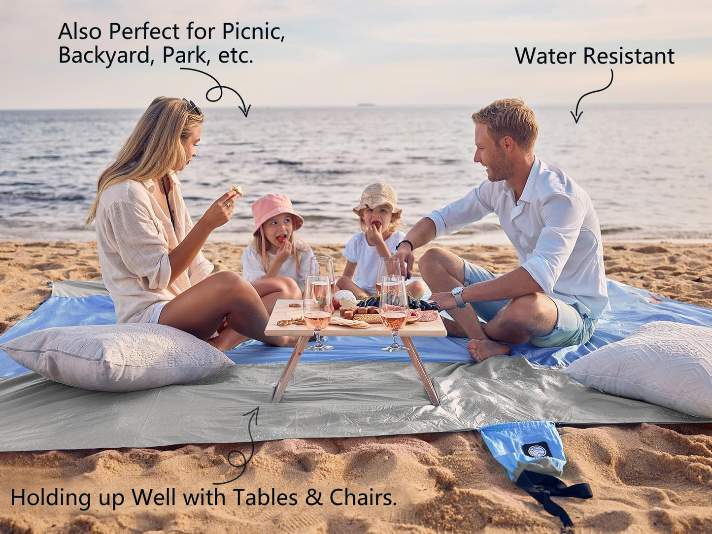 WEKAPO Beach Blanket Sandproof, Extra Large Beach Mat, Big & Compact Sand Free Mat Quick Drying, Lightweight & Durable with 6 Stakes & 4 Corner Pockets (Periwinkle Blue, 7x7 FT (1～3 Person))