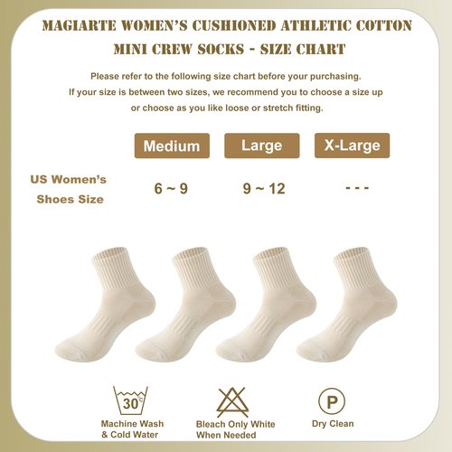 MAGIARTE Womens Athletic Cotton Mini Crew Socks Cushioned Running Hiking Multi Sports Socks for Women 4 Pairs (#04M Beige)