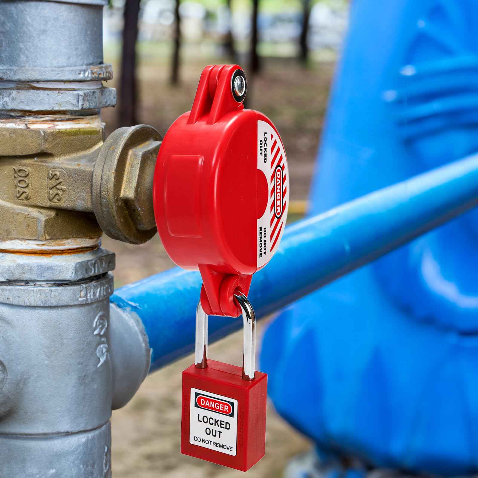 Foraineam Water Spigot Lock Device and Safety Padlock, 4 Sets, Rotating Secure Gate Valve Lockout Device for 1 to 2-1/2 Inch Dia Valve Handles, Outdoor Faucet, Hose Bib Locks, Propane Tank Lock