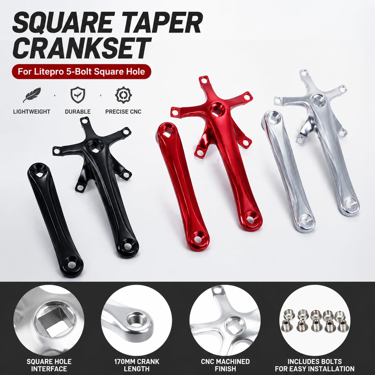 FREERDNG for Litepro Folding Bike Crankset Ultra-Light Square Crank 170MM CNC Aluminum Alloy BMX Bicycle 130BCD Chainwheel Parts Accessory (RED)