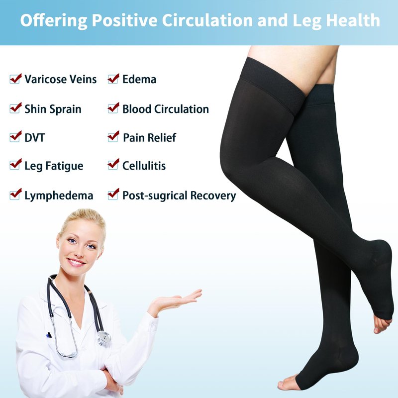 20-30 mmHg Compression Stockings for Women & Men, Thigh High Compression Socks Open Toe, Silicone Dot Band (Black, Large)