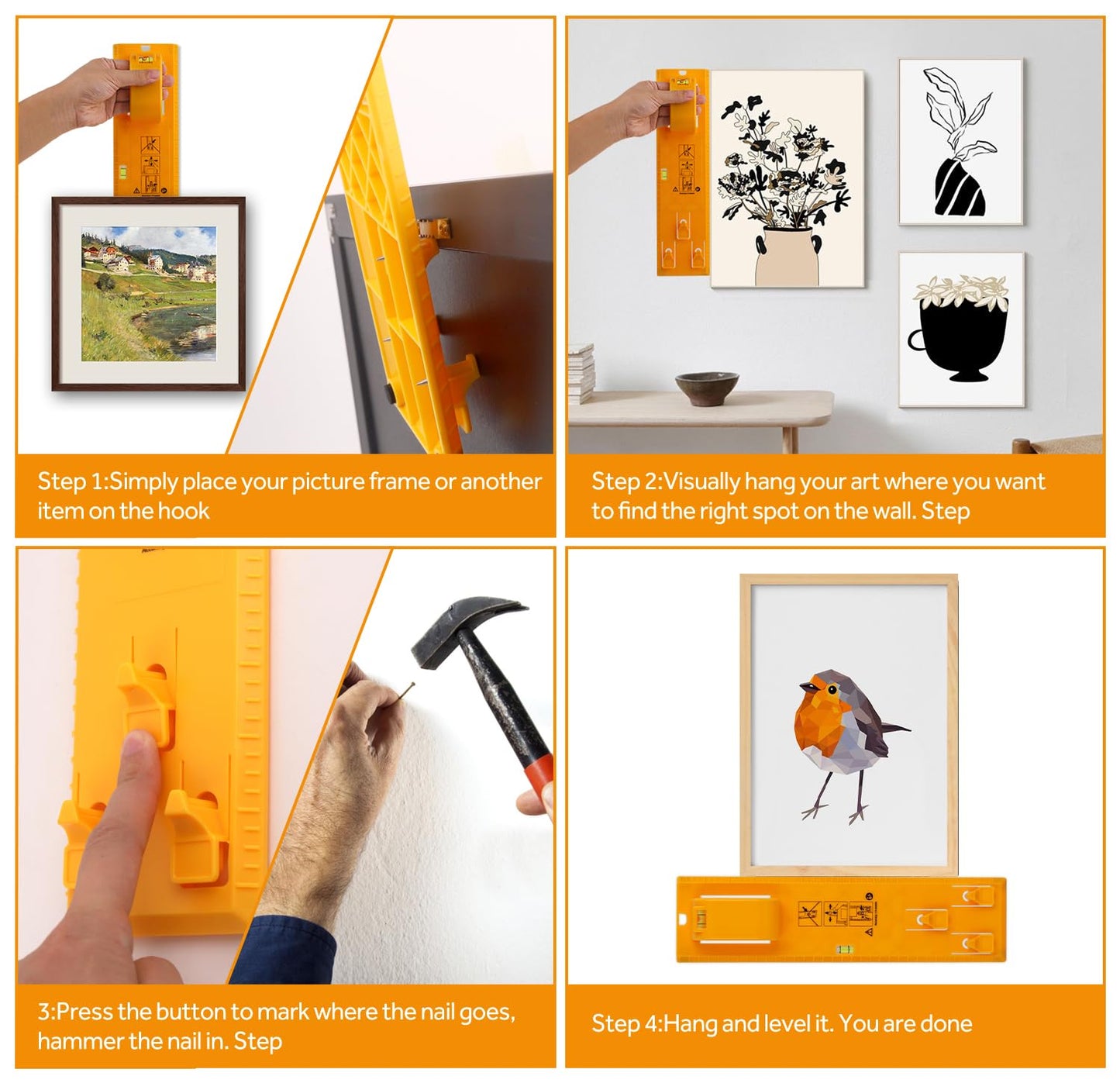 Picture Hanging Kit with Position Nail, Picture Hanging Tool with Level, Perfect Wall Picture Hanger for Frame, Art, Painting, Photo, Poster