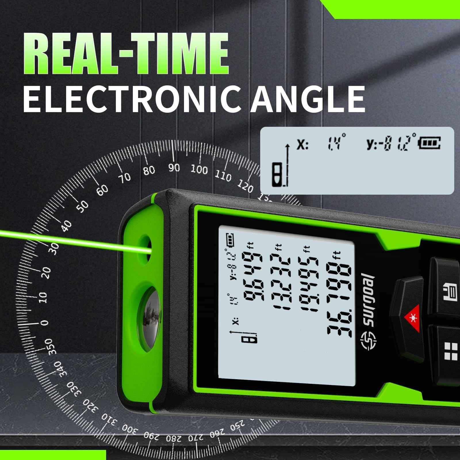 Green Laser Distance Meter 196ft – USB Rechargeable Digital Laser Measure with Angle Sensor, Backlit LCD, Area/Volume/Pythagorean, ±3mm Accuracy, Electronic Measuring Tool for Construction & DIY