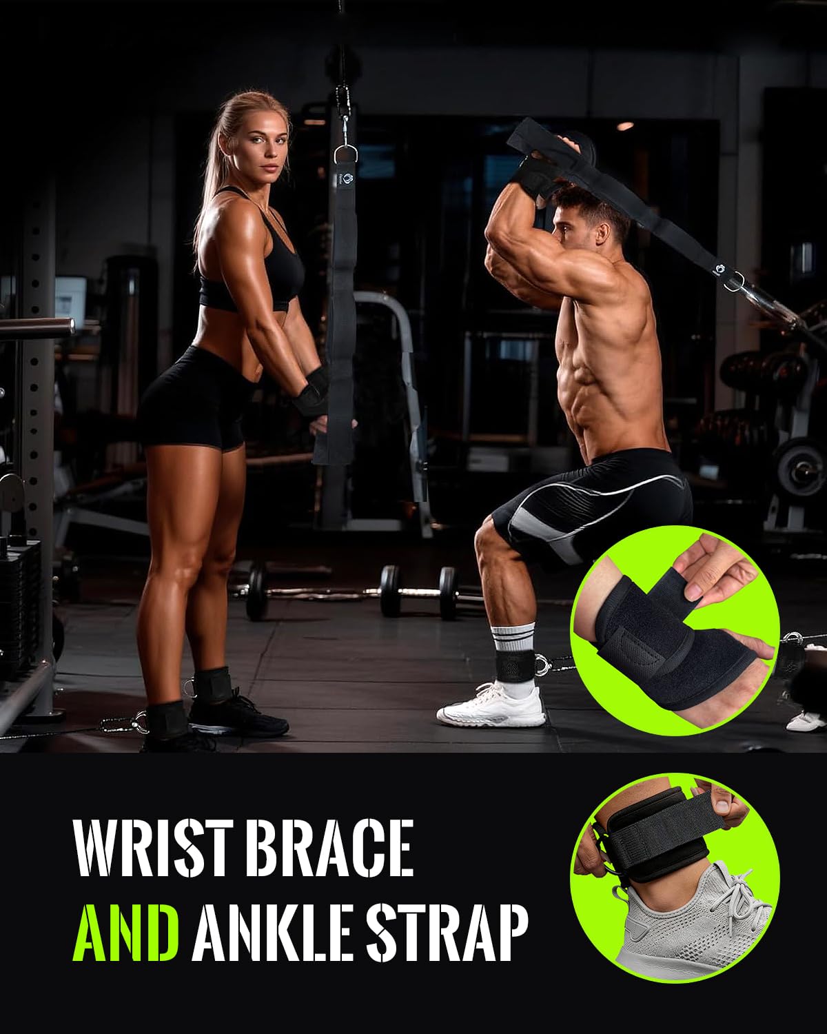 3 Grip Lengths in 1 Tricep Rope Cable Attachment & Wrist Brace Ankle Strap