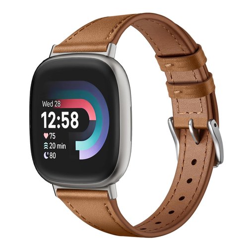 Slim Leather Bands Compatible With Fitbit Versa 4, Leather Replacement Strap For Versa 4 Bands For Women (Brown/Silver)