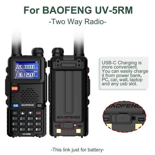 BAOFENG 2 Pack UV-5RM Battery 2500mAh Enlarge Capacity for UV-5RH Two Way Radio USB-C Charging 7.4V BL-5RH Li-ion Battery Replacement GM-5RH Walkie Talkie Accessories with Type-c Cable