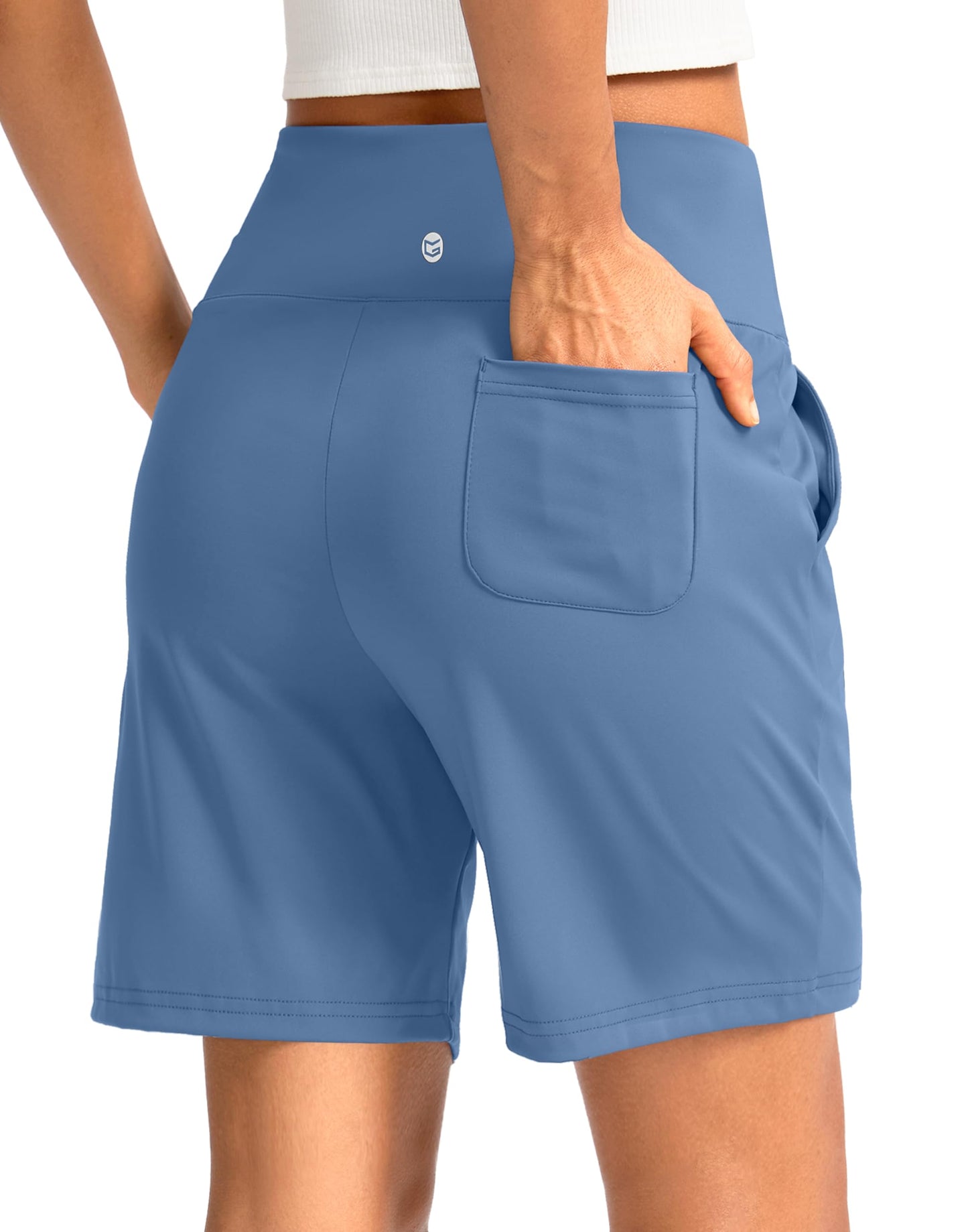 G Gradual Women's Bermuda Long Shorts with Pockets 7" High Waisted Knee Length Shorts for Women Walking Athletic Workout(Light Blue-L7,S)