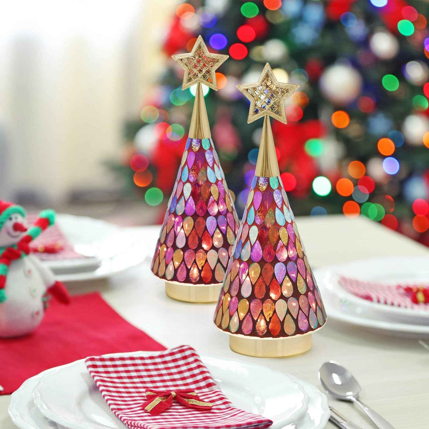 Small Red Glass Christmas Trees, 3 PCS Handmade Mosaic Glass Table top Christmas Trees with Light, Battery Operated Xmas Tree for Bedroom Decor 11"