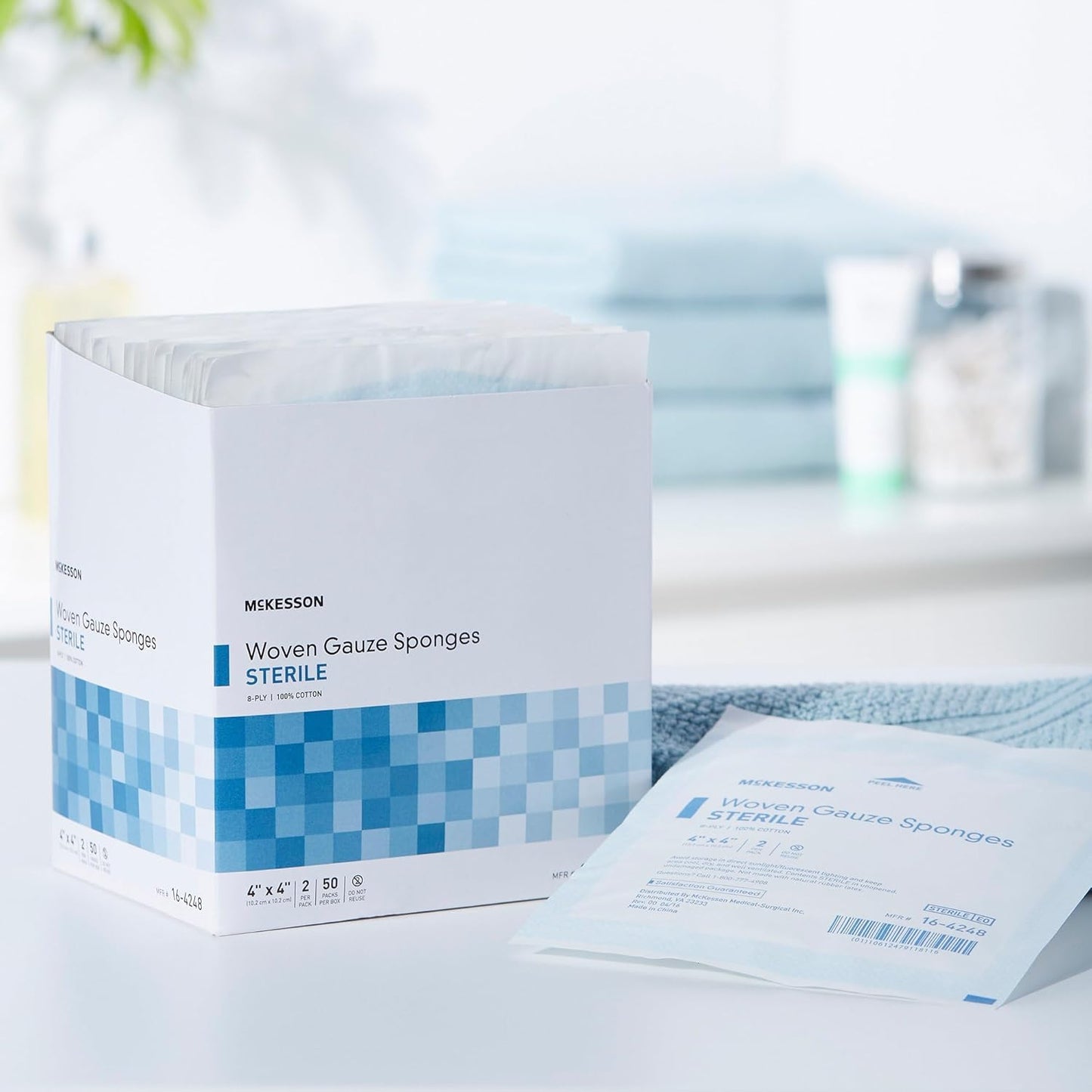 McKesson Woven Gauze Sponges - Sterile 8-Ply 100% Cotton, 4" x 4", 50 Packs of 2 Sponges Each