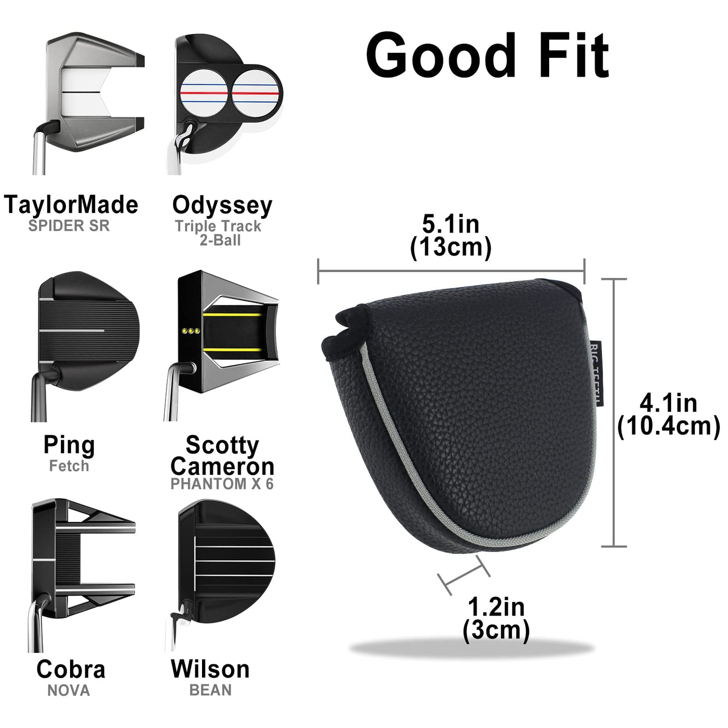 Big Teeth Golf Mallet Putter Cover Headcover Club Protector Magnetic Closure Don't FIT Iron Material Putter for Scotty Cameron Taylormade Odyssey 2 Ball Club (Black)