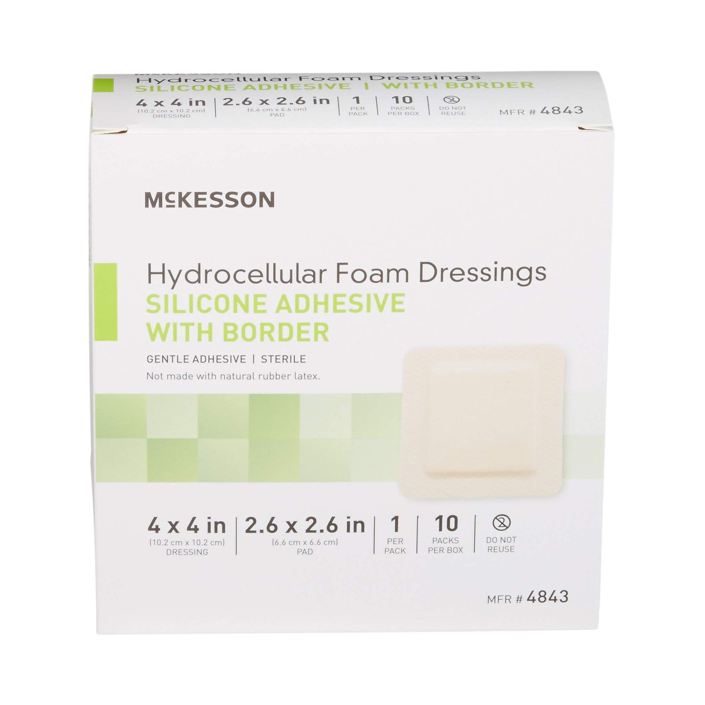 McKesson Hydrocellular Foam Dressings, Sterile, Silicone Adhesive with Border, Dimension 4 in x 4 in, Pad 3 in x 3 in, 10 Count, 1 Pack