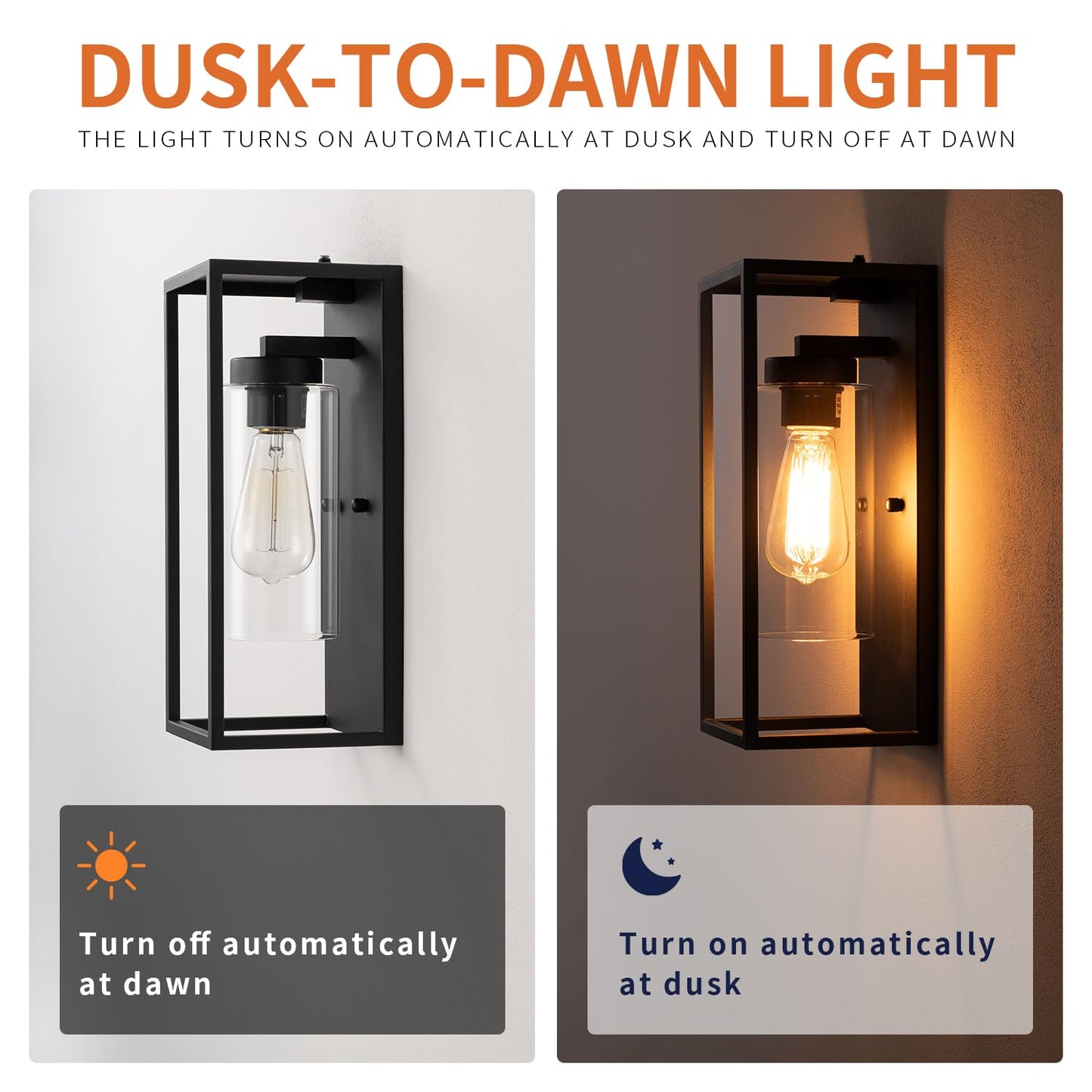 mirrea 14" Dusk to Dawn Outdoor Wall Sconce 1 Light in Cylinder Glass Shade and Matte Black Rectangular Metal Frame Waterproof Porch Light Patio Light Pack of 2