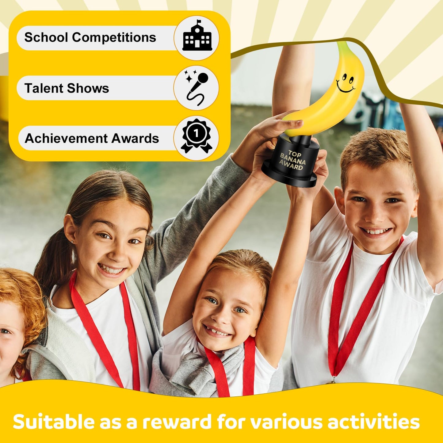 Tondiamo 6 Pcs Top Banana Award Trophy Plastic Cute Fun Award Trophy Smiling Yellow Banana on Black Stand Funny Trophies Gifts
