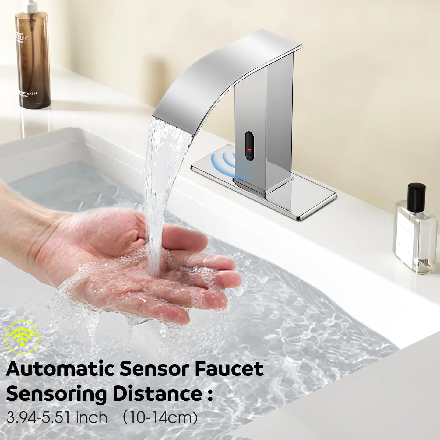 Automatic Motion Sensor Faucet with Waterfall Spout,Stainless Steel Sink Faucet with Hole Cover Plate (Regular, Chrome)