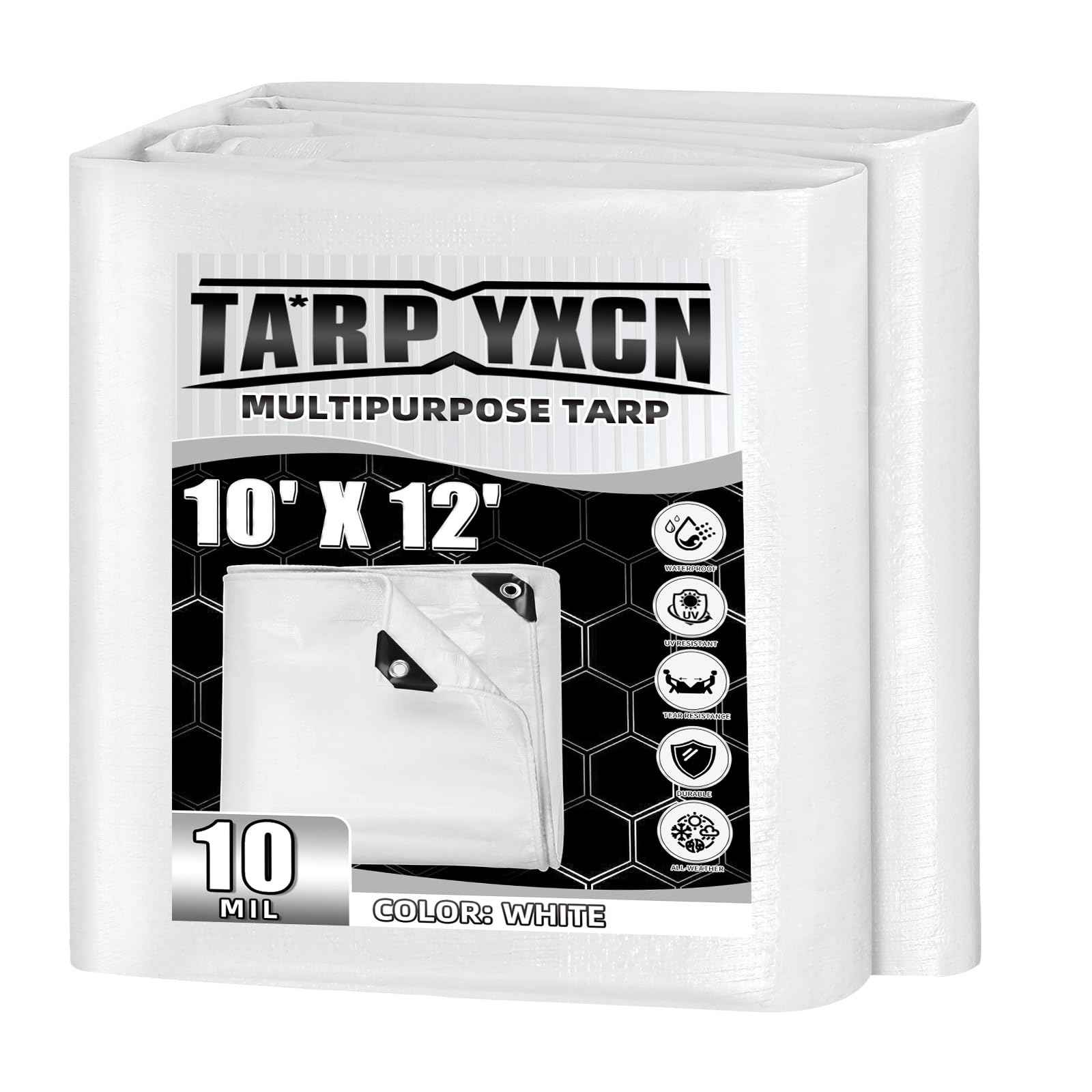 TA*RP YXCN White Tarp 10x12 Feet, 10 Mil Thick Waterproof Poly Tarps Cover UV Resistant, Rip & Tear Proof with Metal Grommets Every 20 Inches