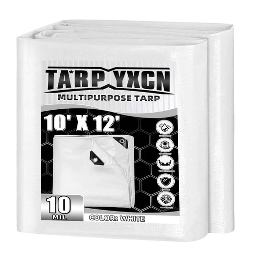 TA*RP YXCN White Tarp 10x12 Feet, 10 Mil Thick Waterproof Poly Tarps Cover UV Resistant, Rip & Tear Proof with Metal Grommets Every 20 Inches