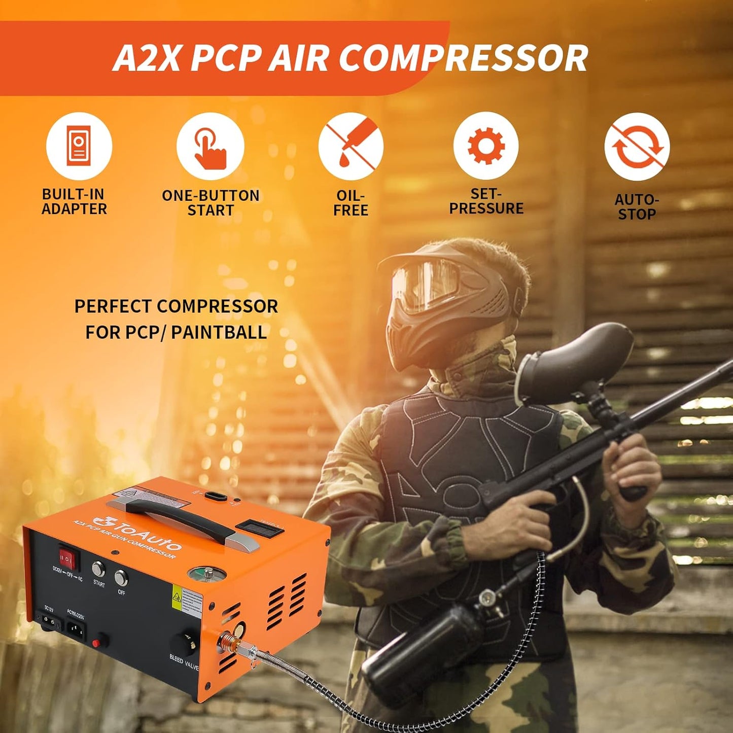 TOAUTO A2X PCP Air Compressor - Portable 4500Psi, One Button Start, Oil/Water-Free for Paintball & Scuba