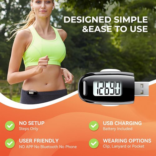 3D Pedometer - Accurate Walking Step Counter with Removable Clip & USB Rechargeable Design