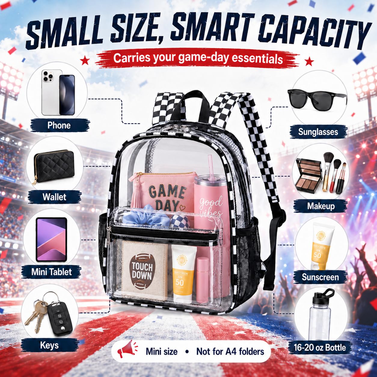 BTOOP Clear Mini Backpack for Stadium Events 12x12x6 Small Transparent Backpacks Plastic See Through Clear Bag for Concerts Work Festival Security Travel