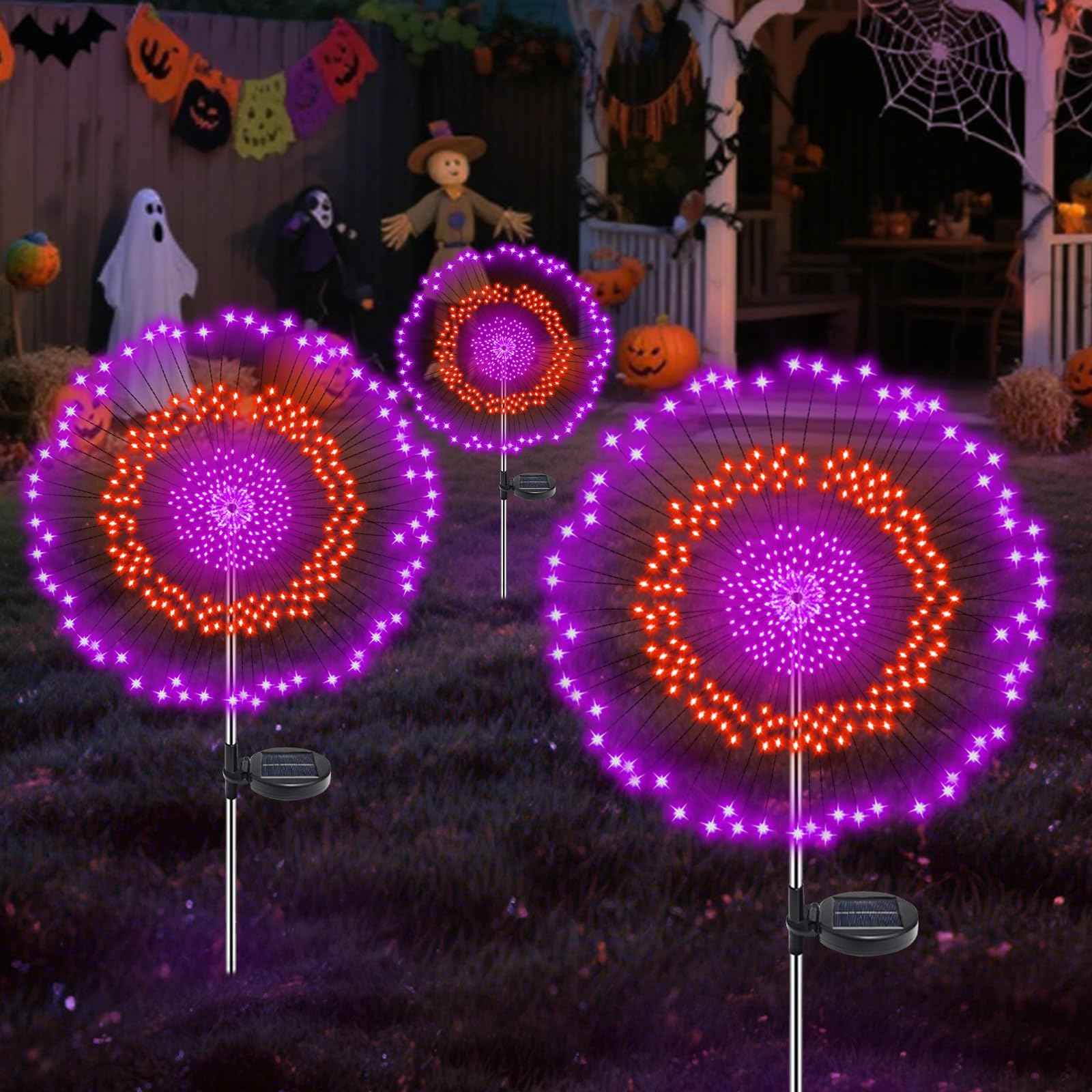 2 Pack Solar Halloween Lights Outdoor, 360 LED Orange & Purple Waterproof Solar Firework Lights with 8 Lighting Modes & Timer for Garden Yard Patio Pathway Spooky Outside Halloween Decorations