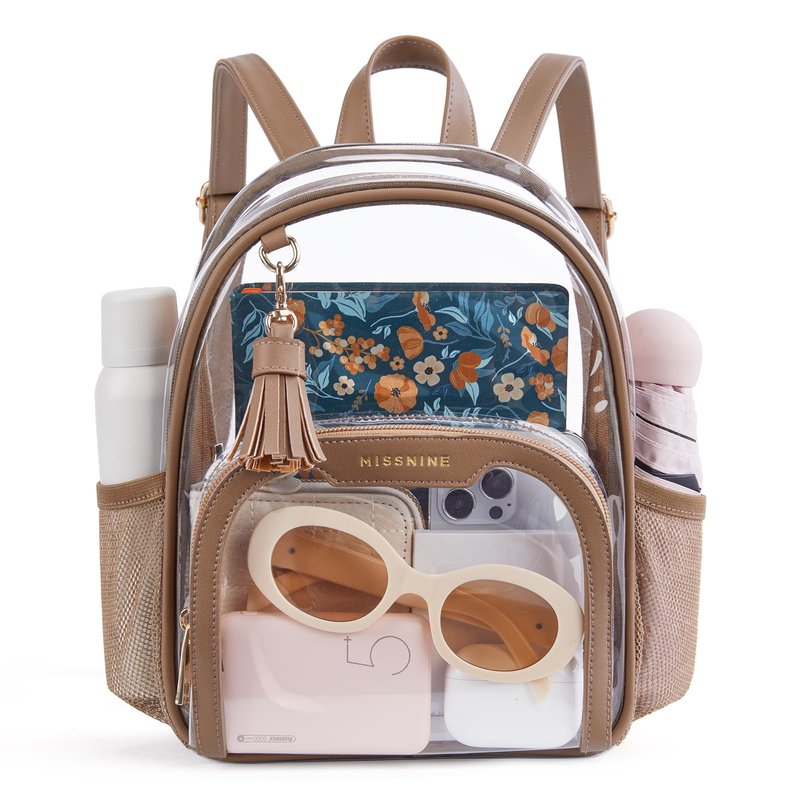 Missnine Small Clear Backpack Stadium Approved, Thick PVC Mini Clear Bag with Leather Trim for Sports Event, Concert, Festival