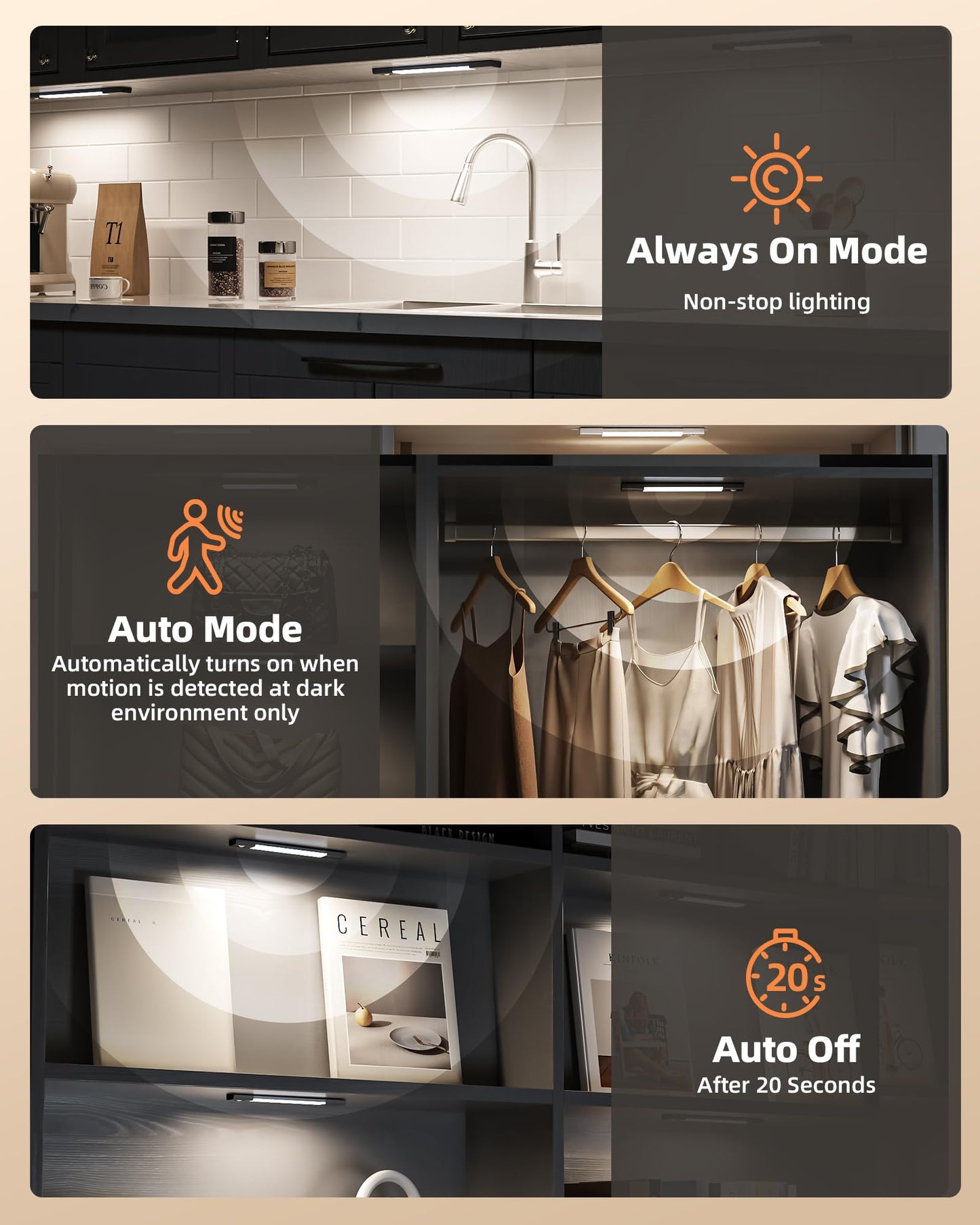 EZVALO Under Cabinet Lighting, Wireless Closet Lights, 50 LED Rechargeable Motion Sensor Light, Dimmable, 3 Color Temperatures, 11.8 in Counter Lights for Kitchen, Pantry, Wardrobe (3 Pcs, Black)