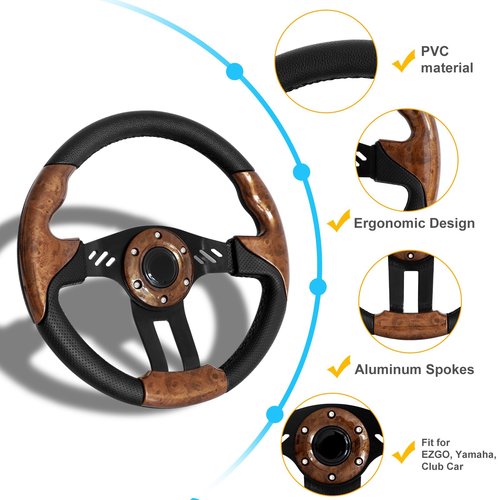 Golf Cart Steering Wheel for EZGO TXT/RXV, Club Car DS/Precedent/Tempo, Yamaha G29/Drive/Drive 2, and more Golf Cart Models, Racing Steering Wheel, Woodengrain (Adapter Not Included)