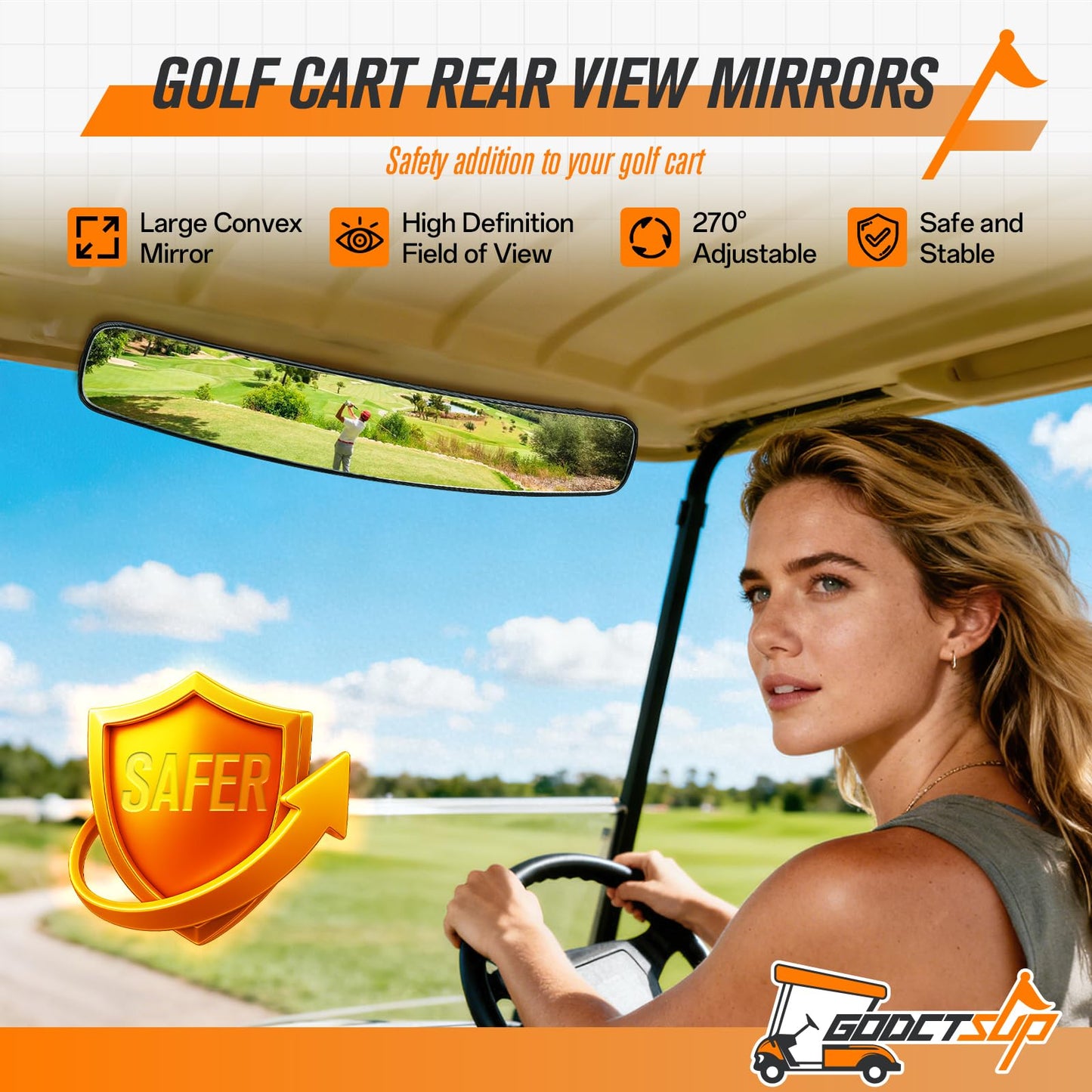 GODCTSUP Golf Cart Rear View Mirror, Universal Panoramic Golf Cart Mirror for Club Car EZGO YAMAHA and Others Carts, Clear View with 270° Adjustable Full Rearview