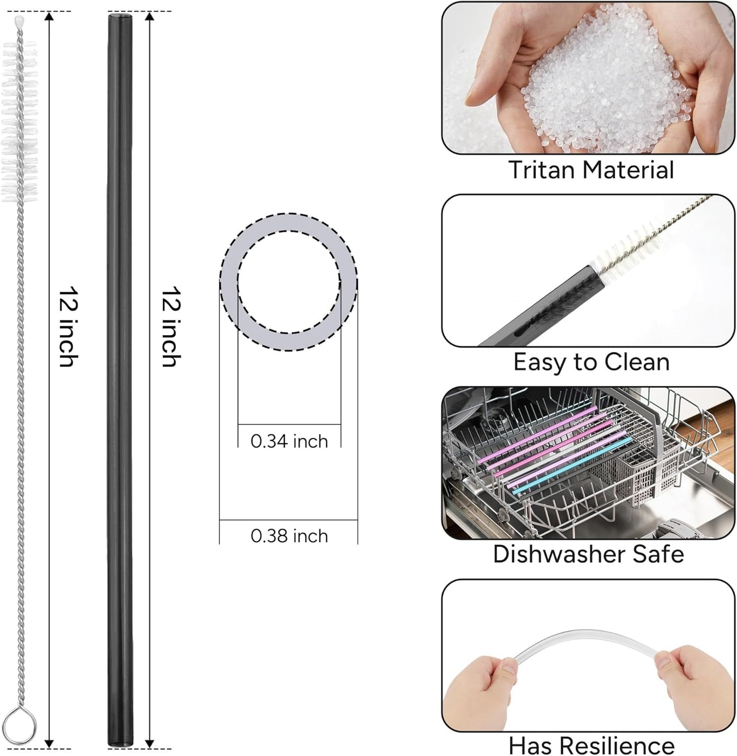 Stanley 6PCS Reusable Tritan Straws - Perfect Fit for 40 oz & 30 oz Tumblers | Includes Cleaning Brush - Black