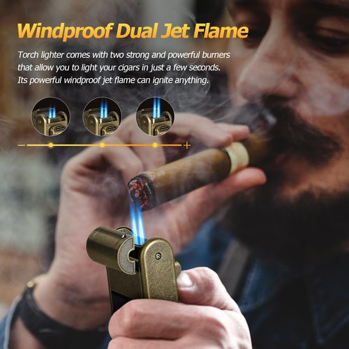 Torch Lighter with Adjustable Dual-Flame, Built-in Cigar Punch, Holder, Cutter, Windproof Refillable Butane Lighter for Smoking, Gift for Men