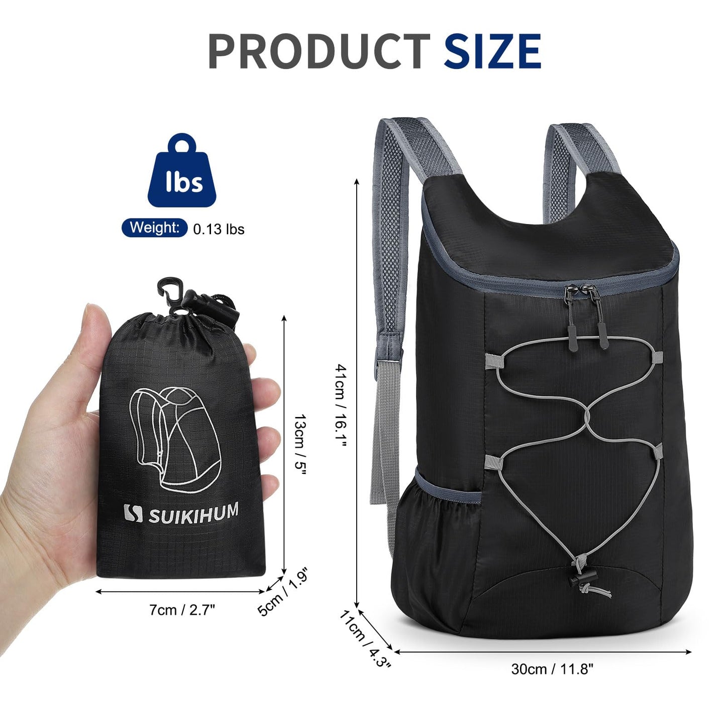 SUIKIHUM 20L Hiking-Daypack Lightweight Foldable Travel Packable Backpack for Camping Cycling Outdoor, Black