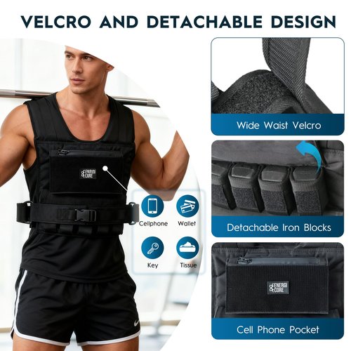 ENERGI CORE Adjustable Weighted Vest , 20lbs/30lbs/40lbs - Heavy Duty Tactical Weight Vest for Men & Women Workout - Removable Iron Weights, Reflective Strip & Zipper Pocket - Strength Training, Running & Fitness