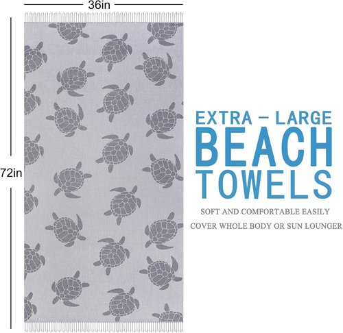 Genovega Oversized Cotton Beach Towels - Lightweight Quick-Dry Sandless Pool Towel | 72"x36" Grey Turtle