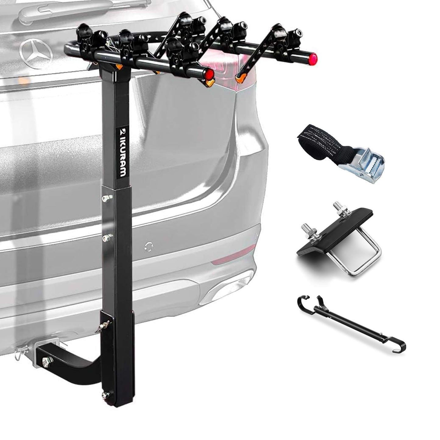 3 Bike Rack Bicycle Carrier Racks Hitch Mount Double Foldable Rack for Cars Truck SUV Fits 2" Receiver, Tie Down Strap, Anti-Rattle Hitch Tightener & Bicycle Cross-bar Adapter for Kid’s Bike