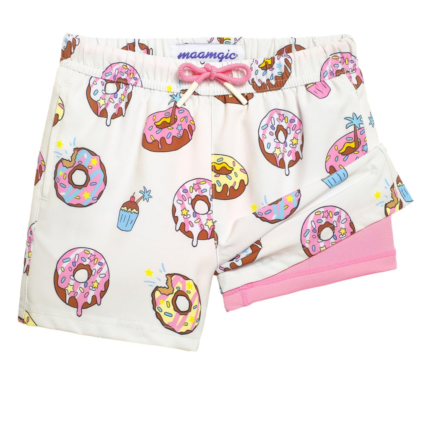 maamgic Boys Swim Trunks with Compression Liner 4-Way Stretch Quick Dry Swim Shorts Swimming Trunks Toddler Donut White 8 Years