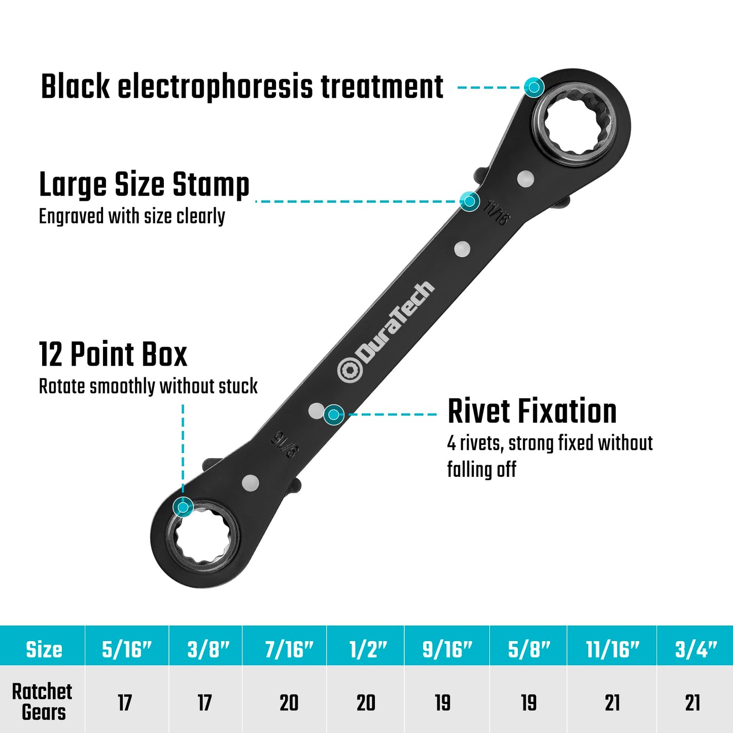 DURATECH 4-in-1 Reversible Ratcheting Wrench Set, Double Box End Wrench Set, 2-Piece, 5/16", 3/8", 7/16", 1/2", 9/16", 5/8", 11/16", 3/4", SAE