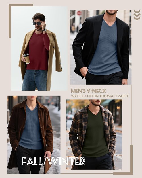 Ficerd 3 Pack Men's Waffle Thermal Long Sleeve Shirts V Neck Underwear Tops Casual Knit Undershirts Pullover Sweaters(Haze Blue, Burgundy, Dark Army Green,X-Large)