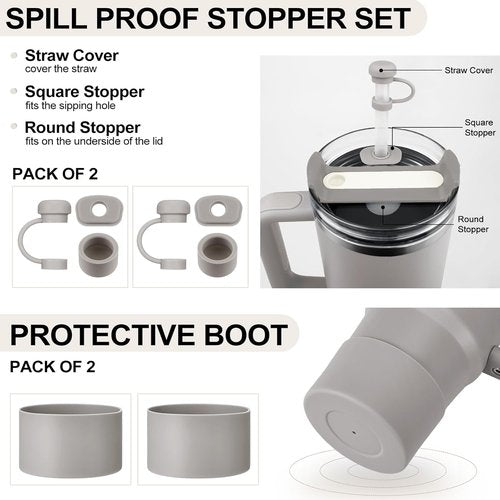 HYZ Silicone Spill Proof Stopper Set - 8 Piece Accessory Kit for Stanley H2.0 Tumblers | Ash Color