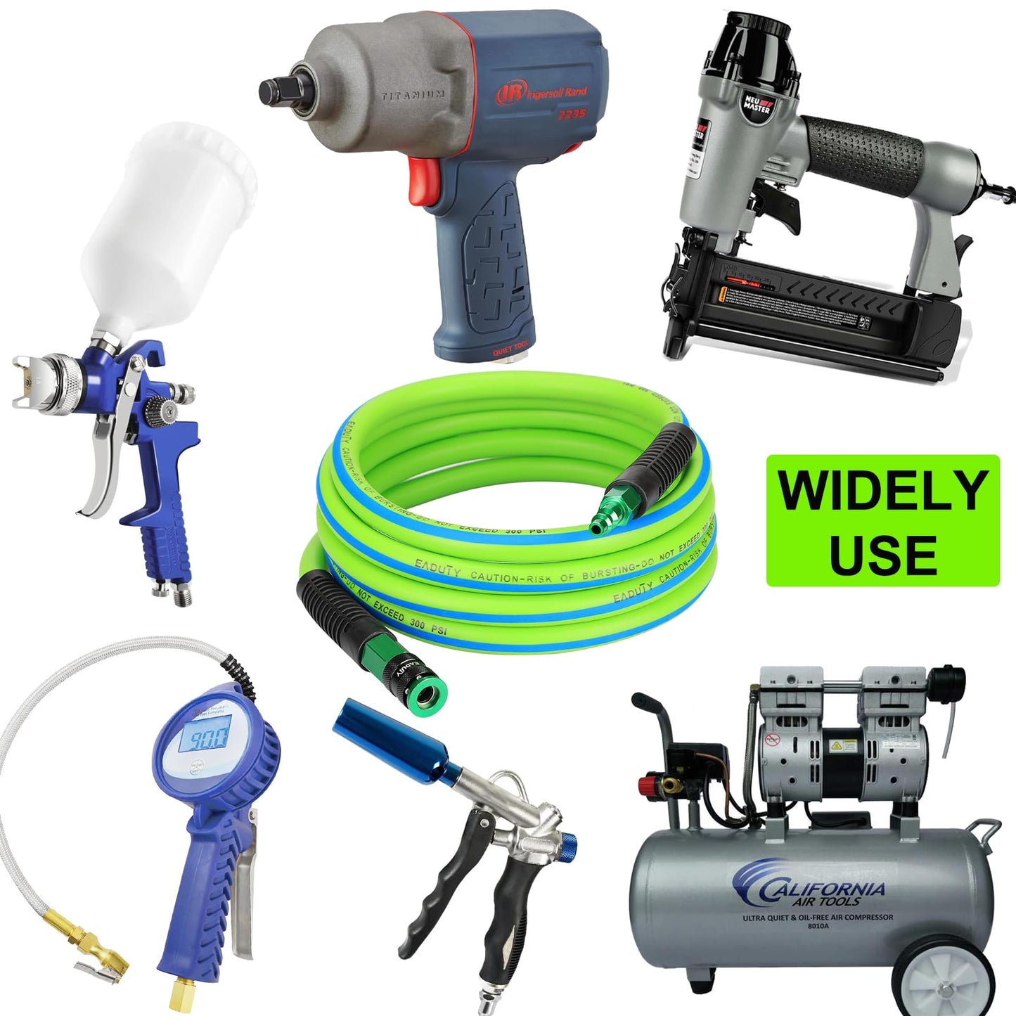 EADUTY Hybrid Lead-in Air Hose 3/8 In. x 3 ft, Lightweight, Flexible, Durable Air Compressor Hose with Aluminum Universal Quick Coupler and Industrial Plug, Green Blue