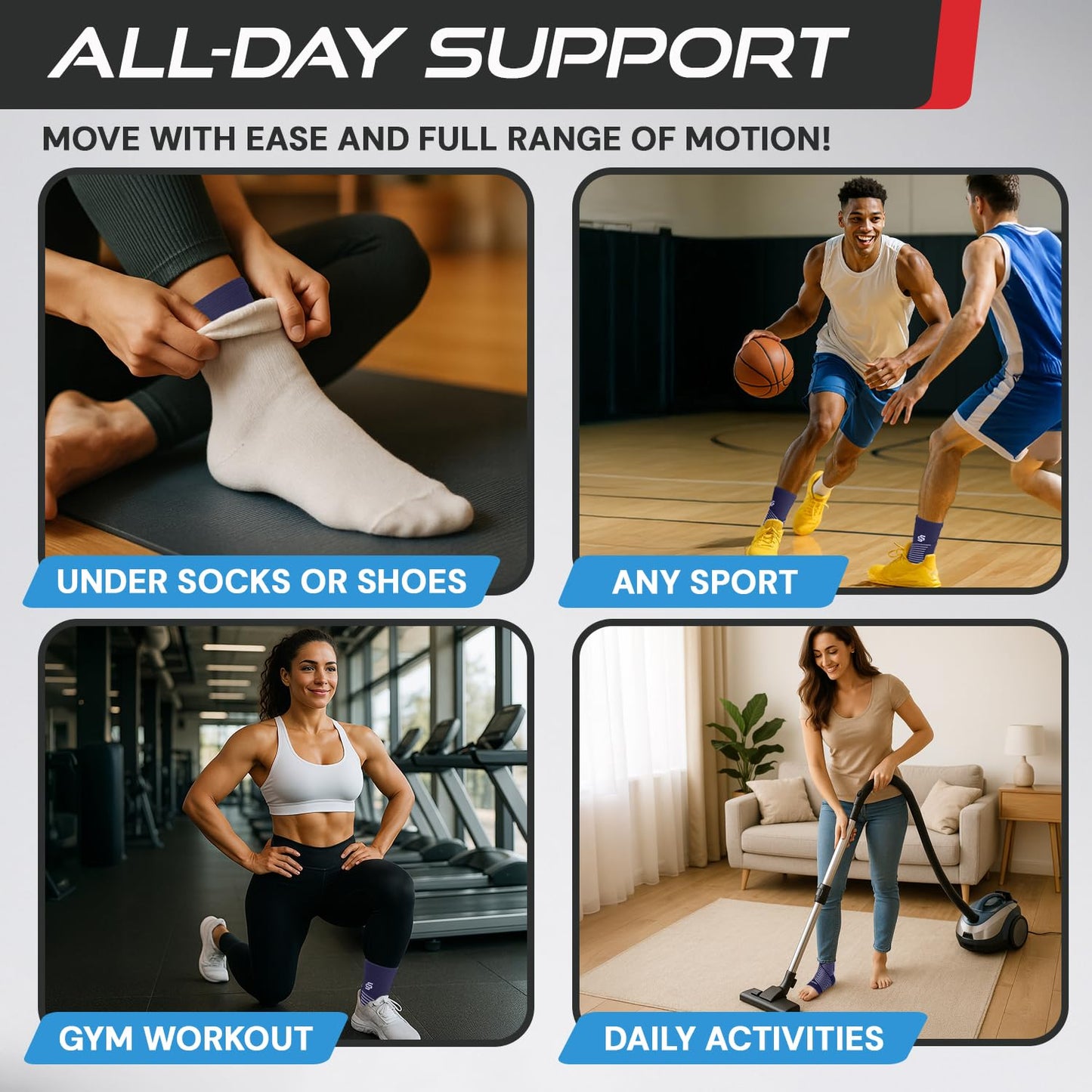 Sleeve Stars Ankle Brace for Women & Men, Ankle Wrap for Sprained Ankle, Compression Sleeve for Plantar Fasciitis Relief, Easy Customizable Support: w/Removable Strap (Pair/M:10"-12"/Navy Blue)