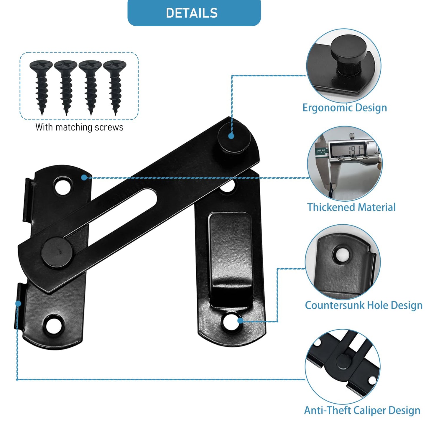 CUKAYO 2 Set 4" Gate Latches Safety Door Lock for Barn Door, Heavy Duty Stainless Steel Farm Flip Gate Latch,Black