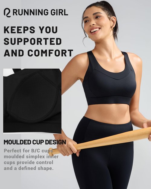 RUNNING GIRL Sports Bra for Women High Support, Molded Cup High Impact Sports Bras with Sewn in Pads Strappy Running Bra(3126 Black M)
