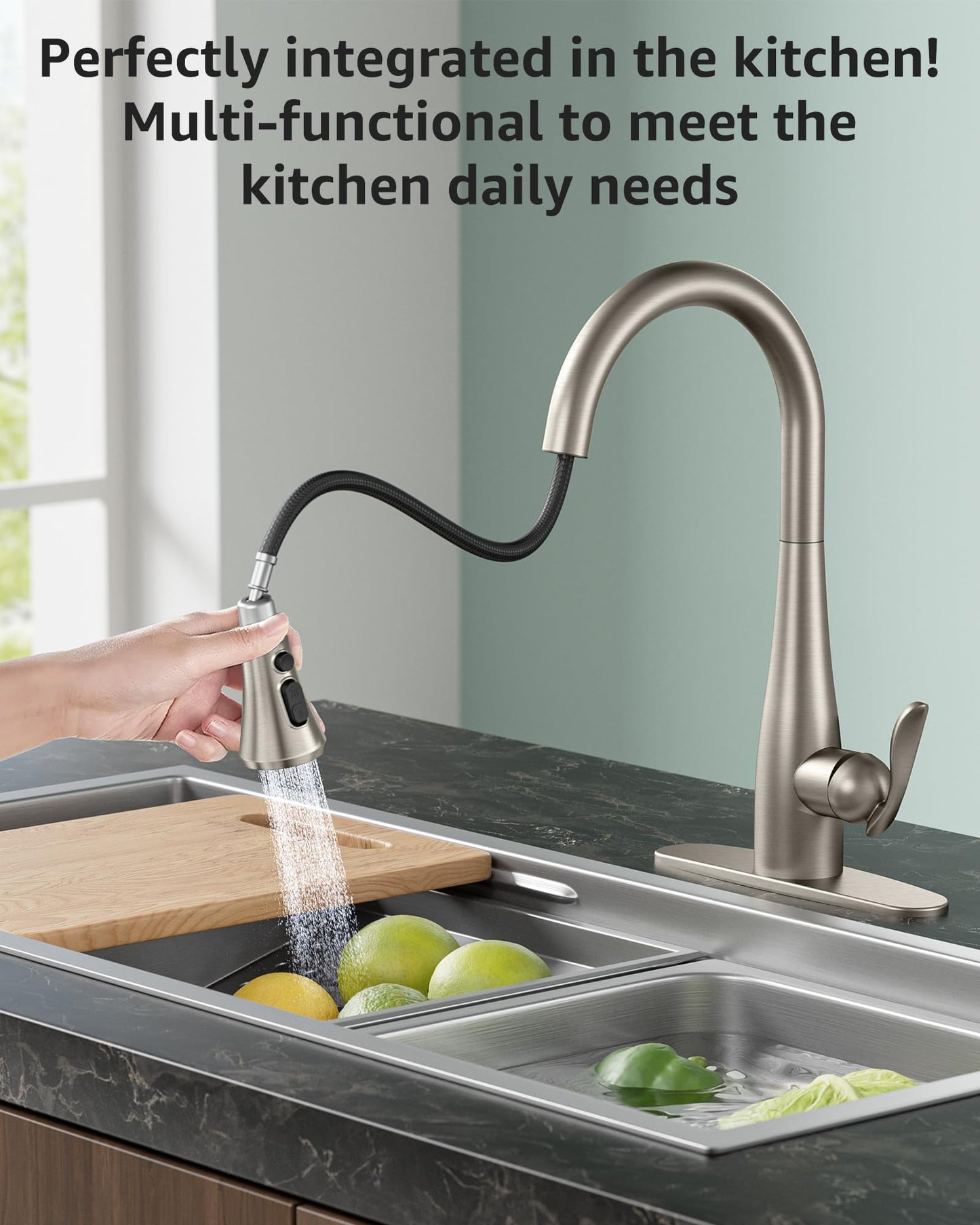 Mbillion Universal Brushed Nickel Kitchen Faucet Sprayer Head Replacement, 3 Function ABS Sink Faucet Head, Pull-Down Nozzle with 14 Adapters, Compatible with Moen,Delta,Kohler,WEWE American Standard