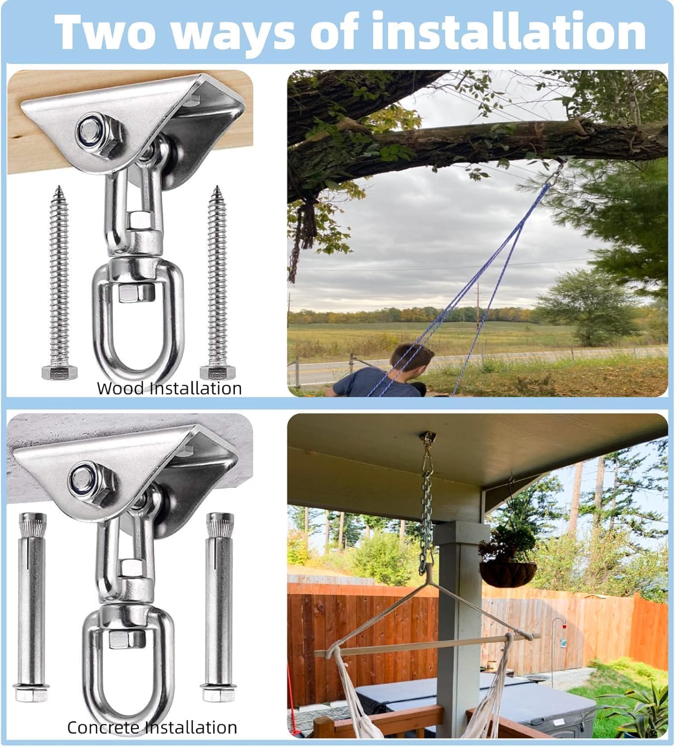 Swing Hanger | Heavy-Duty Stainless Steel 360° Rotating Hammock Kit - 2000LB Capacity, 2 Packs
