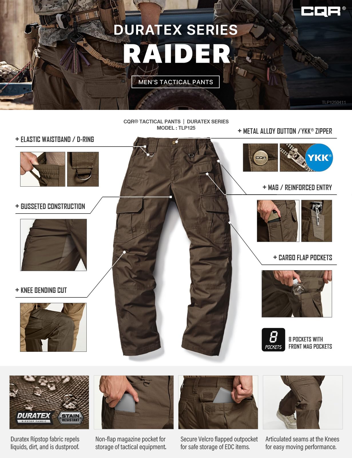 CQR Men's Tactical Pants, Water Resistant Ripstop Cargo Pants, Lightweight EDC Work Hiking Pants, Outdoor Apparel, Duratex Mag Pocket Tundra, 36W x 36L